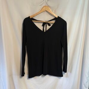 LOFT Outlet Black V-Neck Long Sleeve Top with Back Tie Accent Cotton Blend SZ S